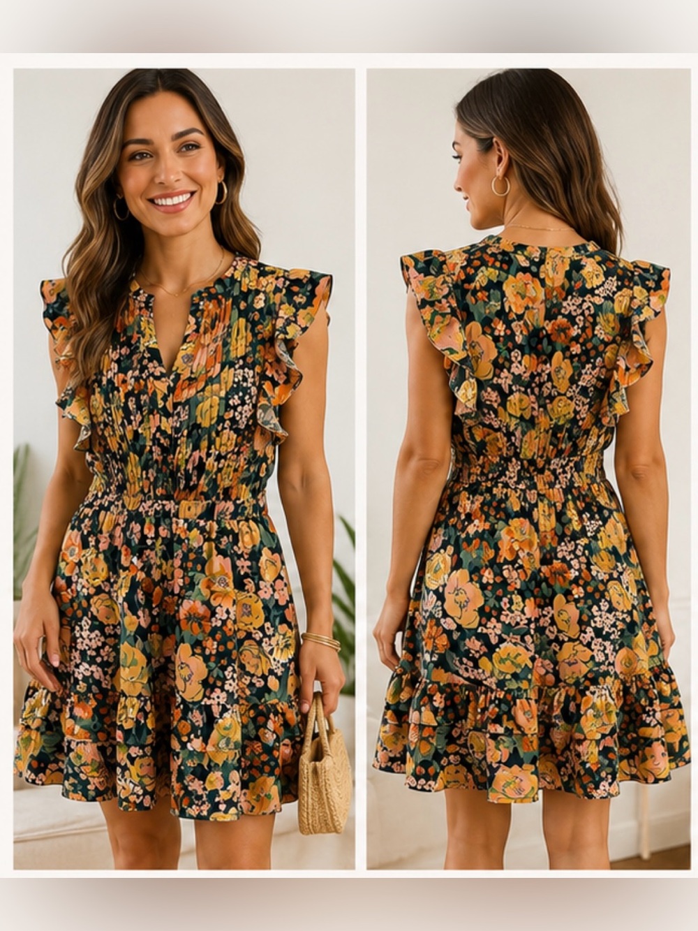 THML Boutique Floral Ruffle Mini Dress Pleated Pintuck Tiered Size M
